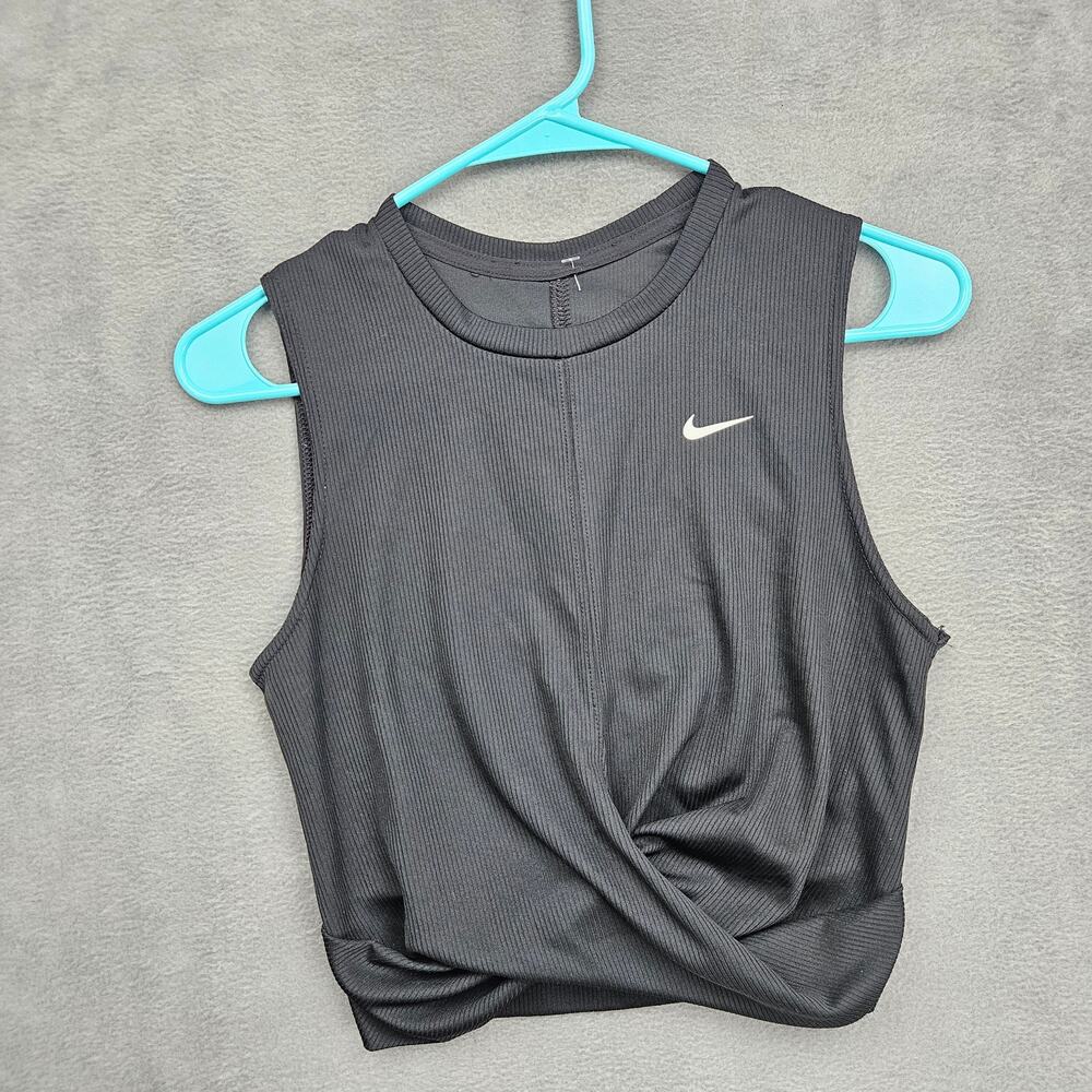 Nike Dri-FIT Ribbed Twist Front Crop Tank Black Athletic Activewear Top Sz Small